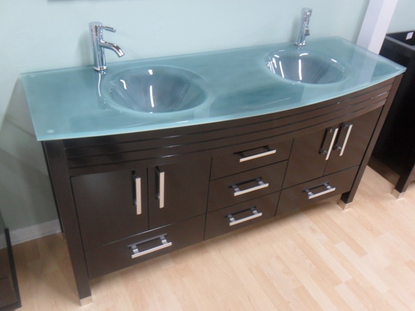 63 Double Sink Modern Contemporary, Green Glass Vanity Top