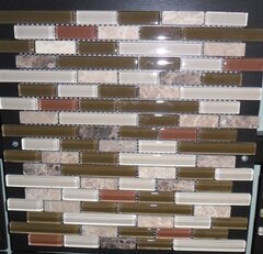 Glass & Stone Mosaic tile - Strips Design 12" x 12" - Brown Stone w/ tri-color Glass